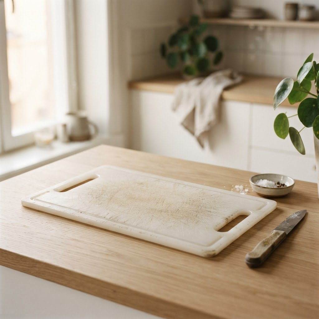 En plastskärbräda med knivsår och repor på en köksyta — bakterier kan gömma sig i dessa mikroskopiska sprickor